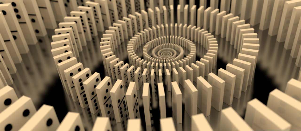 A computer rendering of domino tiles formed into a diminishing spiral
